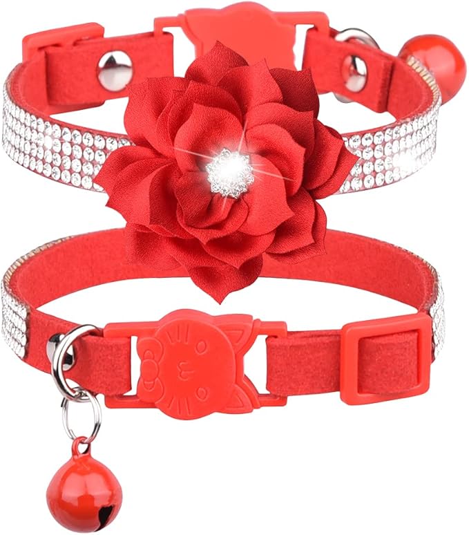 Cat Collars,Rhinestone for Girl Cats Bling Kitten Flower Adjustable Breakaway Collar with Bell Soft Velvet Leather Collar for Puppy Small Dogs (Red1)