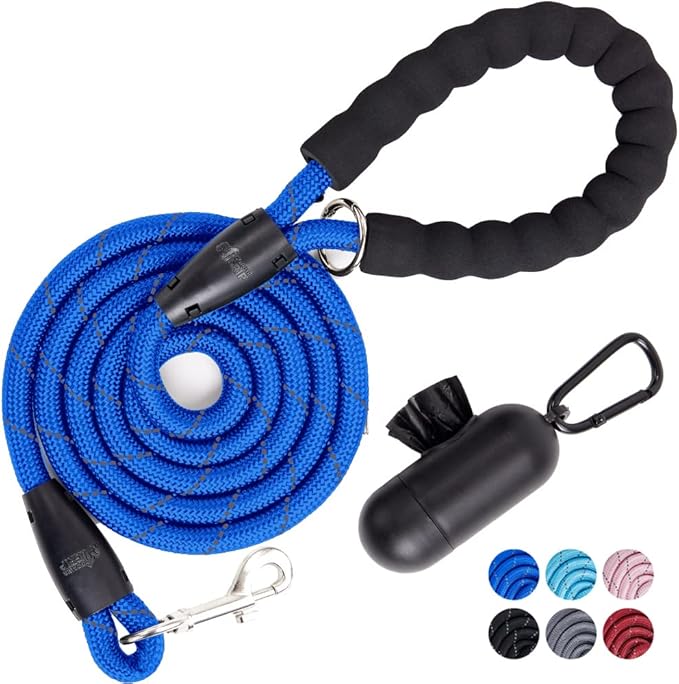 Gorilla Grip Heavy Duty Dog Leash, Soft Handle, Strong Reflective Rope for Night Pet Walking, Small Medium Large Animals, Puppy Training Leashes, Rotating Metal Clip, Waste Bag Dispenser, Royal Blue