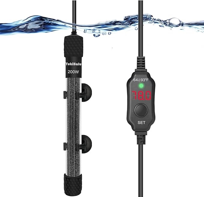 YukiHalu Small Submersible Aquarium Heater, Adjustable Mini Fish Tank Heater 25W 50W 100W 200W 300W with External Temperature Controller, LED Display, Used for 5/10/20/40/60 Gallons (200 Watts)