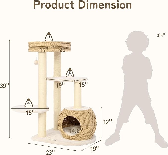 KAMABOKO Modern Cat Tree, Cat Tree for Indoor Cats w/Natural Sisal Scratching Posts, Hand-woven Condo & Top Perch, 39" Tall Cat Tree for Kittens Climb Play & Rest