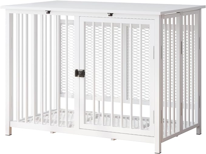 Heavy Duty Dog Crate Furniture, Fully Assembled exc. Locks, All Metal Frame & Wooden Tabletop, Modern Kennel for Small/Medium Dog, End Table, Sturdy, Foldable, White