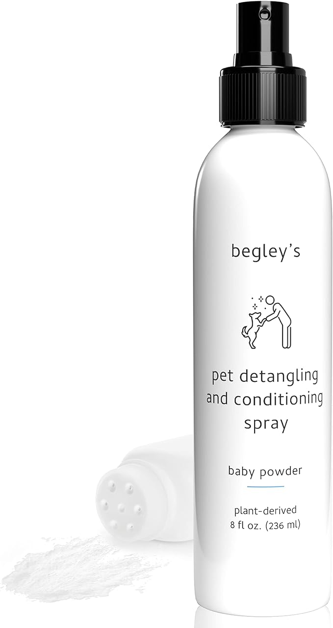 Begley's Natural Pet Detangling Spray - Premium Essential Oil Scented Detangler Spray for Dogs, Puppies & Cats - Dog Leave in Conditioner Spray - Dematting Spray for Dogs & Pets - 8 oz, Baby Powder