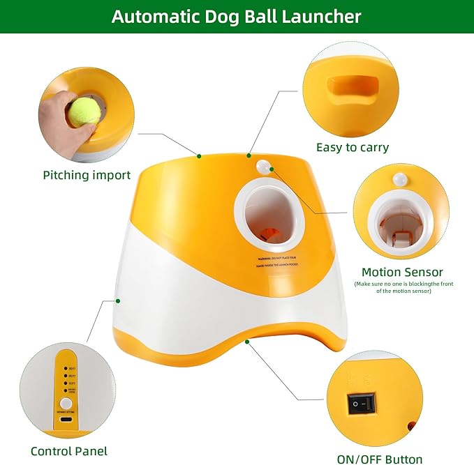 Ball Launcher for Dogs, Automatic Dog Ball Launcher with 12 Tennis Ball, Interactive Dog Toys Pet Ball Indoor Outdoor Thrower Machine (Yellow Automatic Tennis Ball)