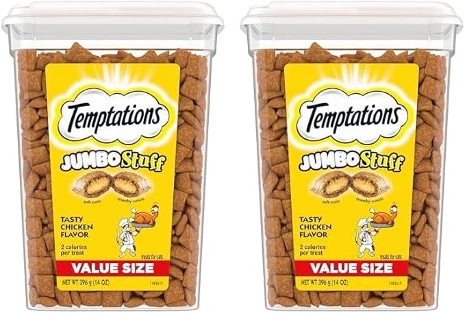 Temptations Jumbo Stuff Crunchy and Soft Cat Treats, Tasty Chicken Flavor, 14 oz. Tub, (Pack of 2)