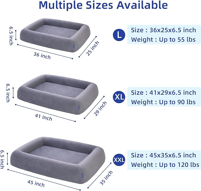 Orthopedic Dog Bed for Large Dogs Waterproof Pet Bed Soft Sofa with Two Fabrics Washable Removable Cover Egg Foam Support Anti-Slip Bottom Extra Head and Neck Support Sleeper,L Grey