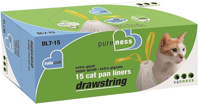 Van Ness Pets Drawstring Cat Litter Box Liners, Unscented, Large Size, 36” x 18”, 20 Count & Extra Large Drawstring Cat Litter Box Liners, 15 Count, DL7-15