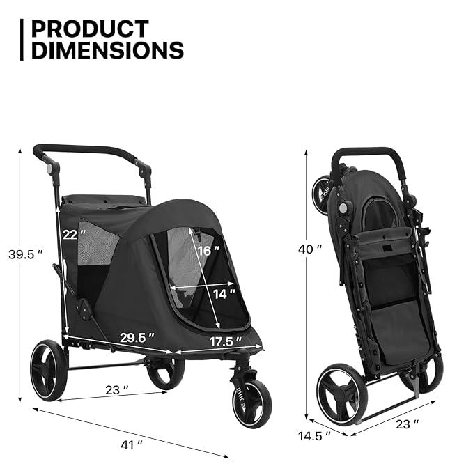 MoNiBloom Pet Stroller for Large Dogs or Multiple Dogs Cats with Adjustable Handle, 3-Wheels Dual Entry Portable Dog Carting Easy Folding Pet Wagon Double Dog Stroller up to 55 lbs, Black