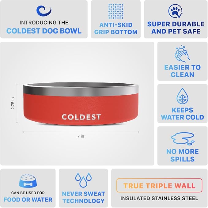 Coldest Dog Bowl - Anti Rust Metal & Non Slip Dog Bowls Large, Spill Proof Heavy Duty 3 Layers Insulated Dog Bowl - Food and Water Bowl for Dogs, Cats & Pets, Dishwasher Safe (42 oz, Crimson Red)