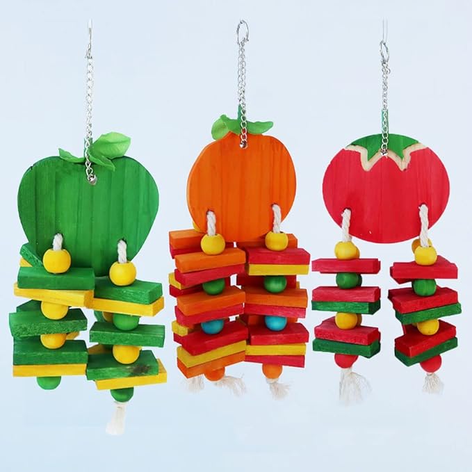 Bird Parrot Chewing Toys Bird Beak Grinding Wood Block Colorful Fruit Swing Toy for Parakeet Budgie Cockatiel Cockatoo Conure Finch Lovebird African Grey