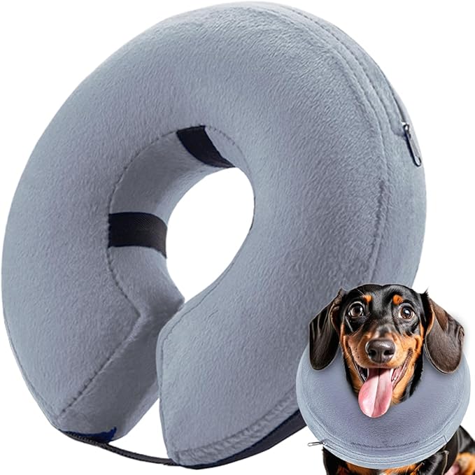 Inflatable Dog Cone Collar (M Size), Soft Blow-up Protective Recovery Dog Collar, Pet Donut Cone Collar, Comfy Elizabethan Collar After Surgery for Medium Dog to Prevent Biting Scratching, Grey