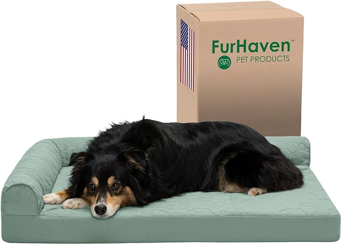 Furhaven Cooling Gel Dog Bed for Large/Medium Dogs w/ Removable Bolsters & Washable Cover, For Dogs Up to 55 lbs - Pinsonic Quilted Paw L Shaped Chaise - Iceberg Green, Large