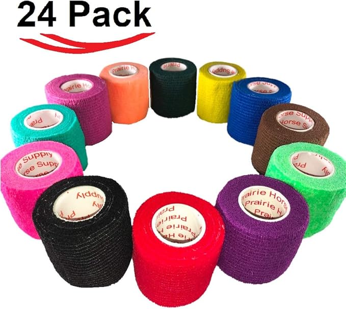 2 Inch Vet Wrap Tape Bulk (Assorted Colors) (Pack of 24) Self Adhesive Adherent Adhering Flex Bandage Grip Roll for Dog Cat Pet Horse