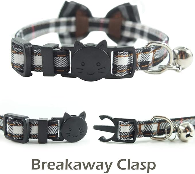 Cat Collar Breakaway with Bell and Bow Tie, Plaid Design Adjustable Safety Kitty Kitten Collars(6.8-10.8in) (Black Plaid 2)