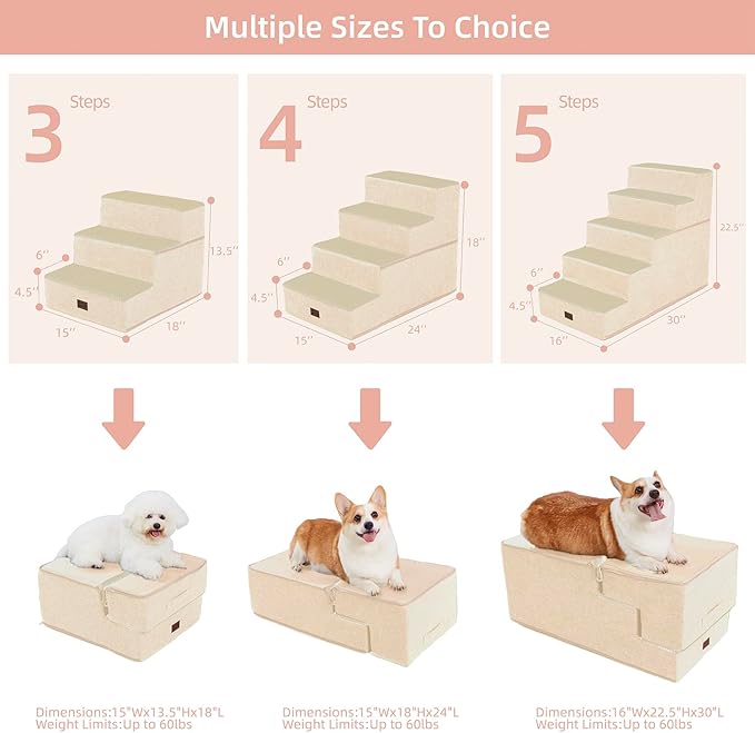 Dog Stairs for Small Dogs - Foam Pet Steps for High Beds and Couch, Non-Slip Folding Dog Steps Portable Pet Stairs for Large Dog and Cats,4 Step, Beige