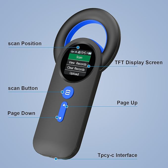 Symcode Bluetooth Pet Microchip Reader Wireless RFID Animal Chip ID Reader Scanner Animal ID Tag Handheld Scanner Animal Tag Reader EMID FDX-B(ISO11784/11785) 134.2KHz/125KHz