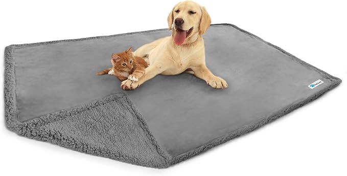 PetAmi WATERPROOF Dog Blanket for Bed, XL Dog Pet Blanket Couch Cover Protector, Sherpa Fleece Leakproof Blanket for Crate Kennel Sofa Furniture Queen Bed Protection Reversible Soft 90x90 Light Grey