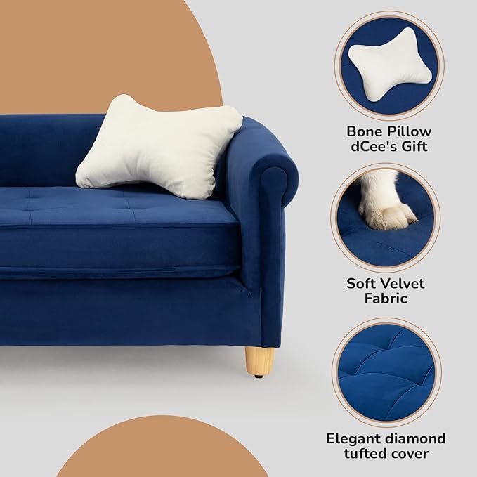 dCee Medium Dog Sofa, Holds Up to 70 Lbs, 33 in. Soft Velvety Dog Couches, Pet Sofa for Comfort Sleep and Joint Support, Navy