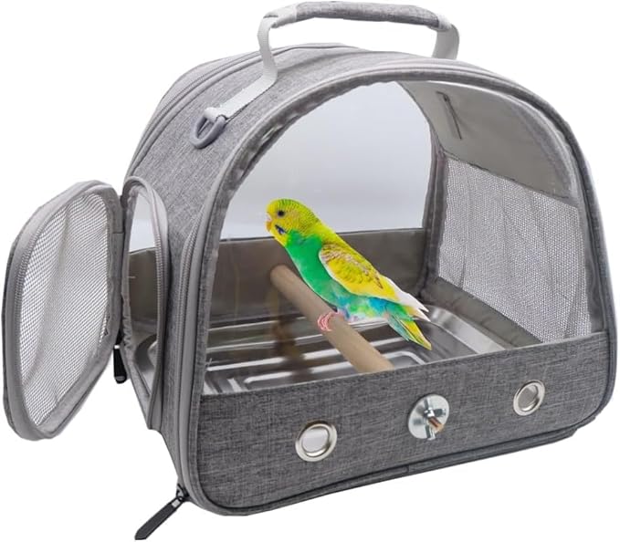 Bird Travel Carrier with Stand Perch and Stainless Tray,Portable Small Bird Parrot Parakeet Cockatiel Carrier for Hiking,Airline Approved. (Grey)