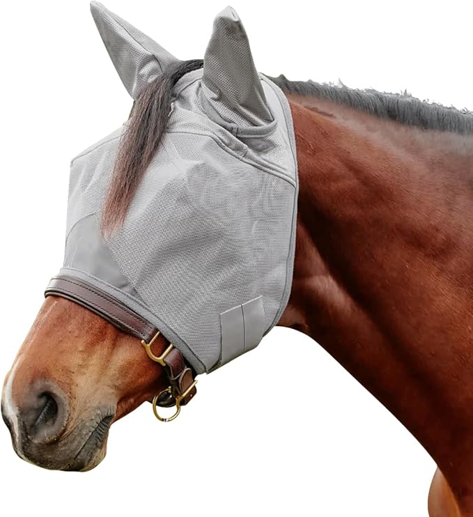 Horse Fly Mask, Elasticity Fly Mask with Ears UV Protection for Horse, Grey (Strengthen with Ears)