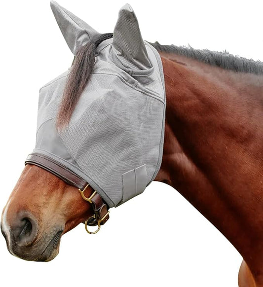 Horse Fly Mask, Elasticity Fly Mask with Ears UV Protection for Horse, Grey (Strengthen with Ears)