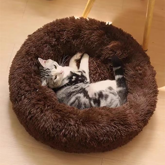 Cat Beds for Indoor Cats - Fluffy Plush Dog Beds for Small Medium Dogs, Anti Anxiety Round Faux Fur Cat Bed Washable,Thick Bottom Keep Pets Off The Cold Tile, coffee