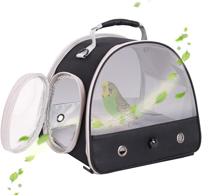 Bird Carrier, Portable Small Bird Parrot Parakeet Carrier with Standing Perch (No Tray), Side Access Window Collapsible (Black, Mesh Windows)