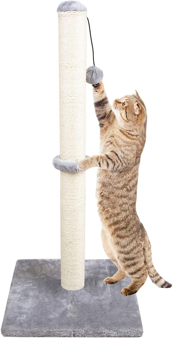 34“ Tall Cat Scratching Post Large Vertical Scratcher for Indoor Cats and Kittens, Sturdy Cat Scratch Pole with Sisal Rope and Hanging Interactive Ball, Big Heavy Base Covered with Soft Plush (Grey)