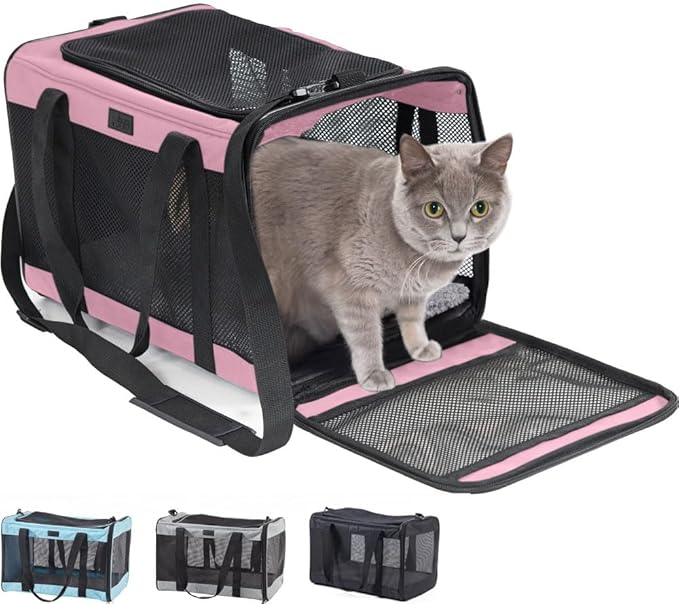 Gorilla Grip Airline Travel Cat Carrier Bag Up to 15 Lbs, Breathable Mesh Collapsible Pet Carriers for Small, Medium Cats, Small Dogs, Puppies, Portable Kennel with Soft Washable Waterproof Pad Pink