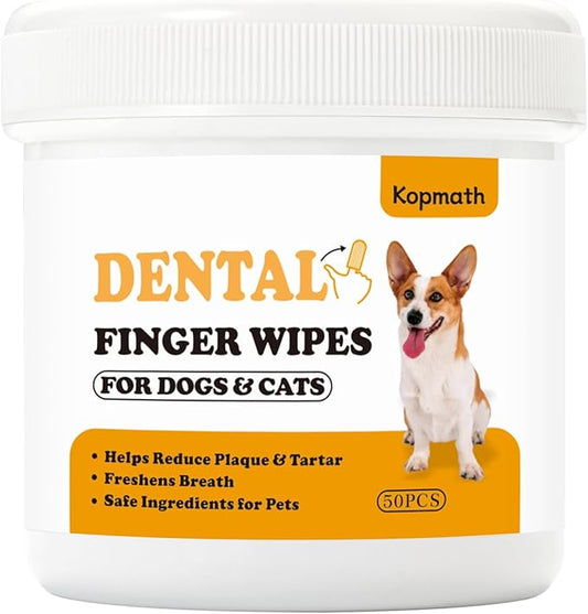 Teeth Cleaning Finger Wipes, Dog Dental Wipes, Reduce Plaque & Tartar, Freshen Breath, Safe & Natural Pet Dental Wipes for Dogs Teeth, Portable Dog Tooth Wipes for Cats,50 Ct,Unscented