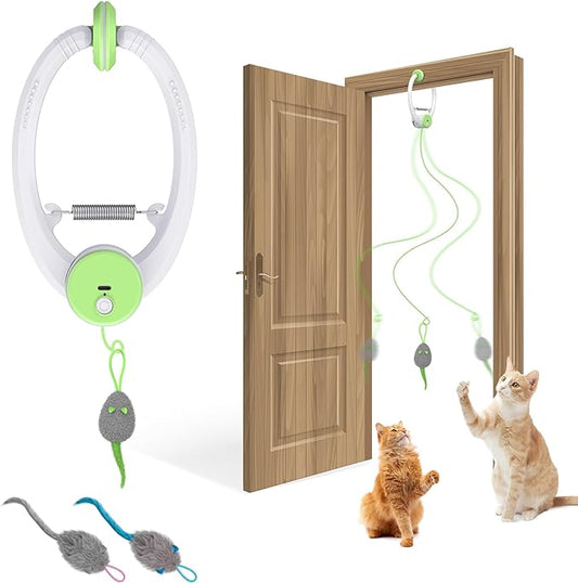 Cat Toy Interactive for Indoor Cats, Smart USB Rechargeable Door Hanging Automatic Retractable Kitten Toys, Teaser Electronic Self Play Feather Cat String Toys Attached with 3 Catnip Mice Green