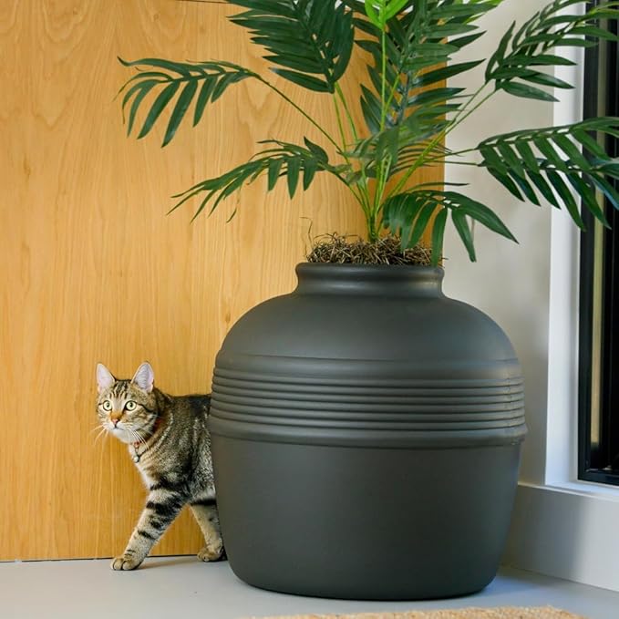 Good Pet Stuff, The Original Hidden Litter Box Base Kit, Round Enclosed Cat Litter Box Planter with Artificial Plants, Vented Carbon Odor Filter System, Florist Moss, Easy to Clean, Black Suede