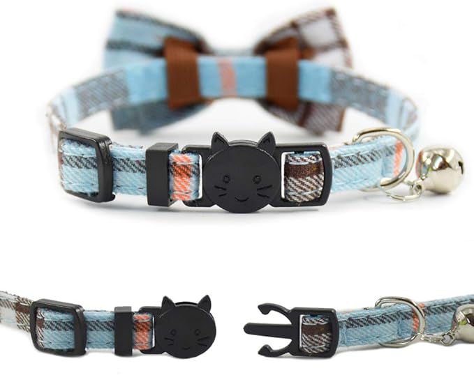 Cat Collar Breakaway with Bell and Bow Tie, Plaid Design Adjustable Safety Kitty Kitten Collars Set of 2 PCS (6.8-10.8in) (Green&Light Blue Brown)