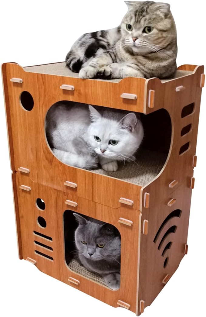 Wooden Cardboard Cat House 2 Story with 4 PCS Cat Scratch Pads Wood Cat Scratcher House Cat Scratchers Lounge Bed for Indoor Cats Cute Cat Box Cat Scratching House(Double Layer)