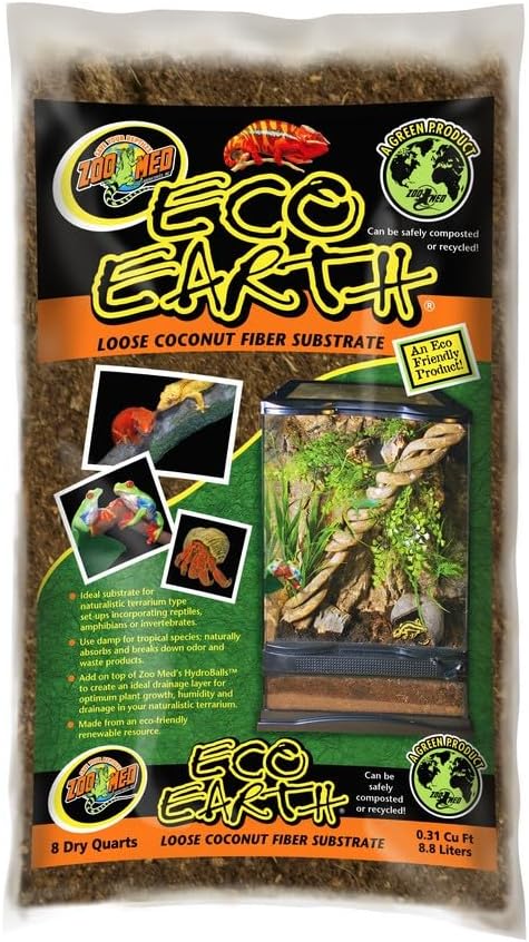 Zoo Med Eco Earth All-Natural Loose Coconut Fiber, Safely Composted, Tropical Substrate for Reptiles (8 Quarts, 2-Pack)