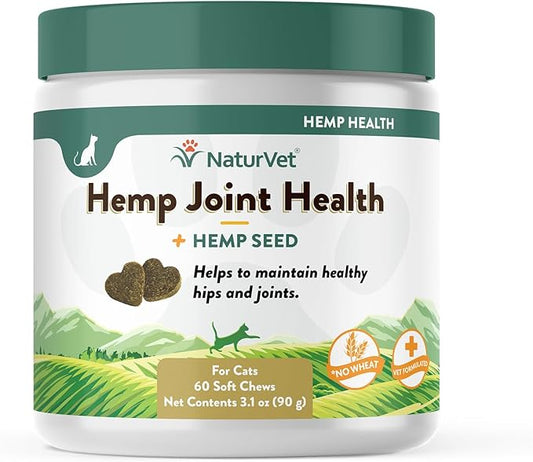 NaturVet – Hemp Joint Health for Cats - Plus Hemp Seed – 60 Soft Chews – Supports Healthy HIPS & Joints – Enhanced with Glucosamine, MSM & Hemp Seed– 30 Day Supply