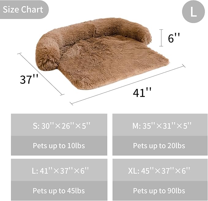 Dog Couch Bed Calming Dog Beds for Large Dogs and Cats Fluffy Plush Pet Beds for Sofa Furniture Protector with Nonskid Bottom, Washable Cover (41x37x6, Brown)