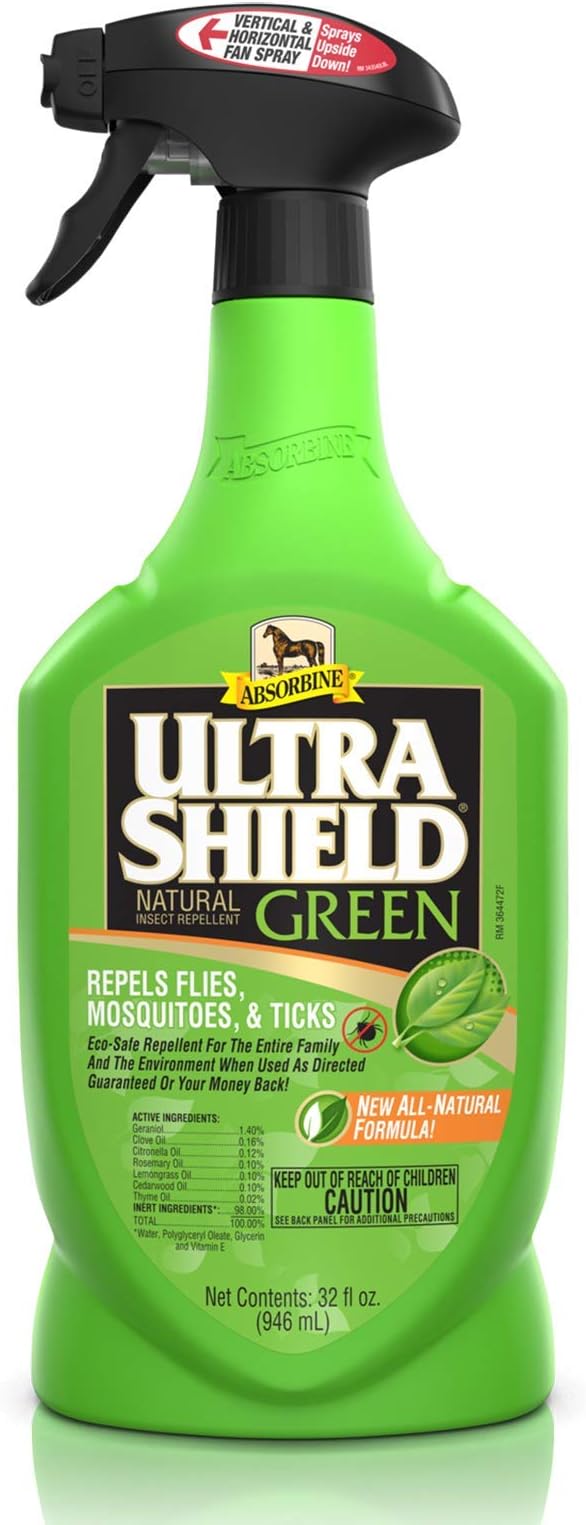 Absorbine UltraShield Green All-Natural Fly & Insect Repellent for Horses & Dogs, Essential Oils Repel & Control, 32oz Spray Bottle