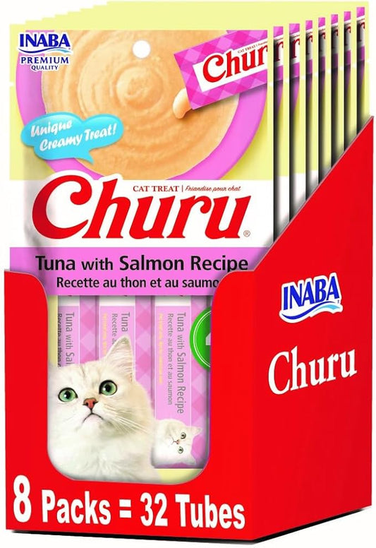 INABA Churu Lickable Purée Natural Cat Treats - Tuna with Salmon Recipe (4 Servings per Package, 8 Packages) (32 Tubes)