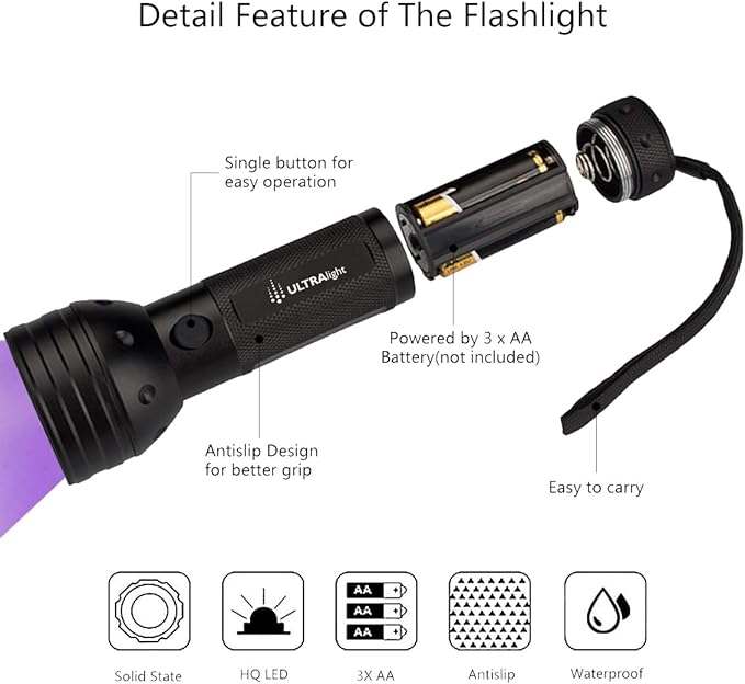 ULTRAlight UV Flashlight Black Light, 51 LED 395 nM - Detector for Pet Urine, Pet Stains and Bed Bugs