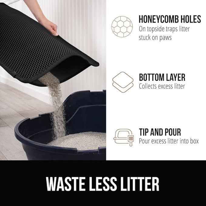 Gorilla Grip Honeycomb Cat Litter Mat 35x24, Two Layer Trapping Waste Mats, Soft On Paws, Indoor Box Supplies and Essentials, Feeding Trap, Water Resistant on Floors, Black