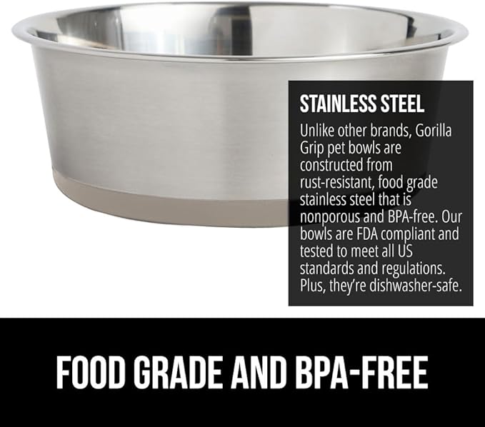 Gorilla Grip Stainless Steel Metal Dog Bowl Set of 2, Rubber Base, Heavy Duty Feeding Dishes, Food Grade BPA Free, Less Sliding, Quiet Pet Bowls for Cats and Dogs, Holds 3 Cups (24 fl oz), Beige