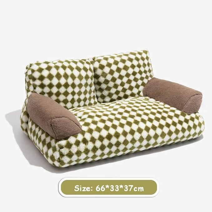 Pet Couch Sofa Bed, Checkers Plaid Washable Cat Beds for Medium Small Dogs & Cats Durable Plush Cat Couch Pet Sofa Bed Puppy Sleeping Bed Soft Anti-Slip (Green Plaid)