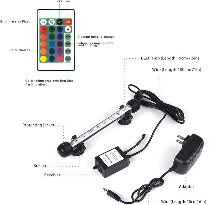 Aquarium Lights RGB Fish Tank Lights Underwater LED IP68 Waterproof Submersible Remote Control Aquarium Lid Hang Lights Color Changing Small Fish Aquarium Tank Waterfall Lighting, 7.5 inch