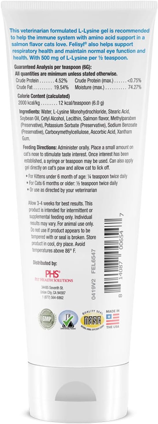 L-Lysine Gel for Cats - Immune System Support - Supplement Support for Healthy Tissue, Respiratory, and Vision - Salmon-Flavored - Made in The USA - 5 oz