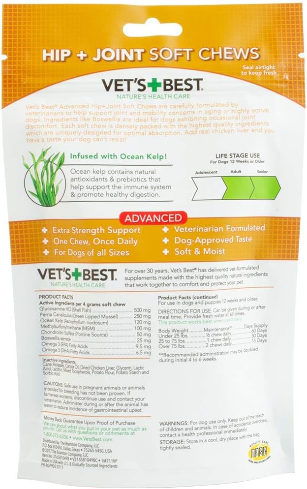 Vet's Best Hip & Joint Soft Chew Dog Supplements | Formulated with Glucosamine & Chondroitin to Support Dog Joint & Cartilage Health | 30 Day Supply