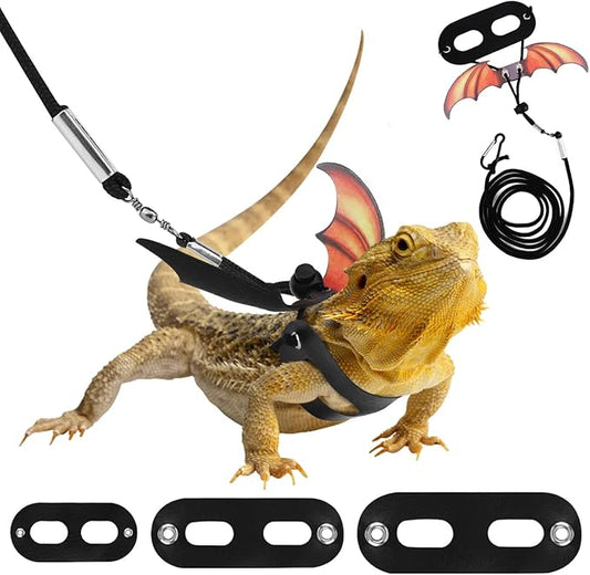 Pawaboo Adjustable Bearded Dragon Harness and Leash, 3 Size Leather Reptile Leash Outdoor Harness Leash with Bat Wings for Lizard Reptiles Amphibians Small Pet, Small/Medium/Large, Gradient Yellow