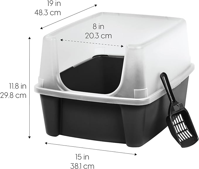 IRIS USA Large Cat Litter Box with Scatter Shield and Scoop, Open Top High Sided Cat Litter Pan, Black