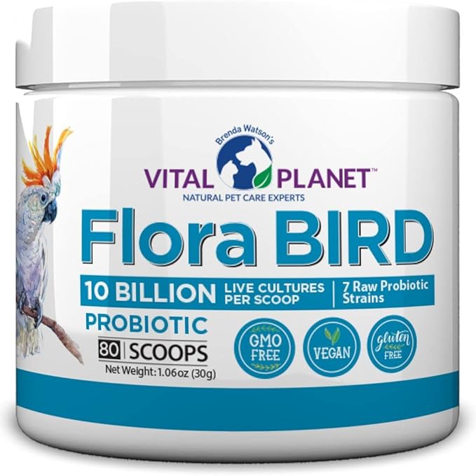 Vital Planet - Flora Bird Probiotic Powder Supplement with 10 Billion Cultures and 7 Diverse Strains, High Potency Probiotics for All Birds for Avian Digestive and Immune Support 80 Scoops 1.06 oz