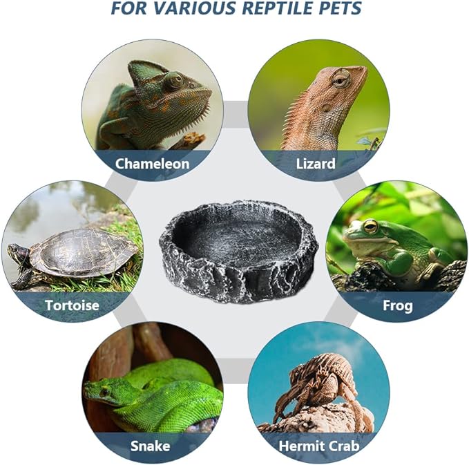 2 Pack Reptile Food Bowls, Imitating Rock Design Water Dish and Feeder Food Bowls with Tongs Bug Scooper for Leopard Gecko Snake Lizard Turtle Chameleon