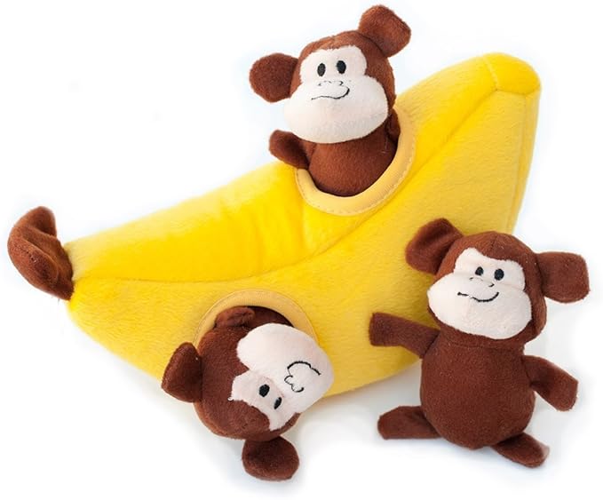 ZippyPaws Burrow, Zoo Friends Monkey 'n Banana - Interactive Dog Toys for Boredom - Hide and Seek Dog Toys, Colorful Squeaky Dog Toys for Small & Medium Dogs, Plush Dog Puzzles